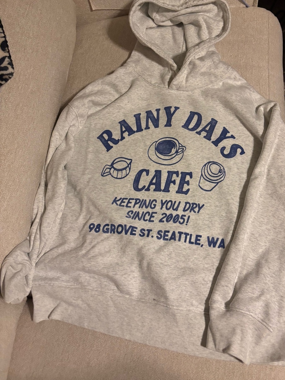Rainy Days Cafe Graphic Hoodie Sweatshirt - Light Gray with Blue Print